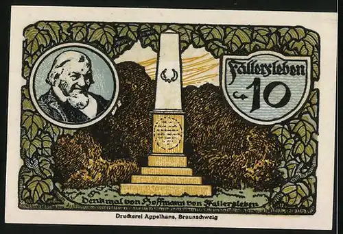 Notgeld Fallersleben 1920, 10 Pfennig, Denkmal Hoffmann von Fallersleben