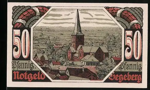 Notgeld Segeberg 1920, 50 Pfennig, Ortsansicht mit Kirche