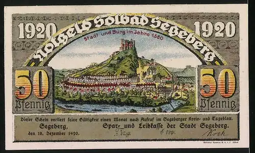Notgeld Segeberg 1920, 50 Pfennig, Ortsansicht mit Kirche