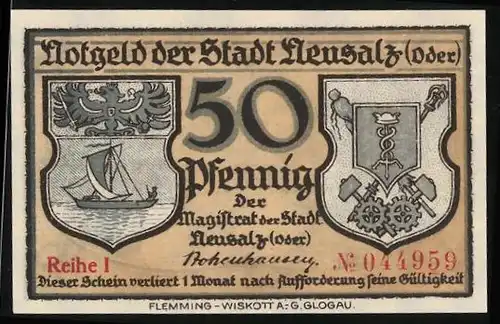 Notgeld Neusalz /Oder, 50 Pfennig, Hafeneinfahrt und Wappen
