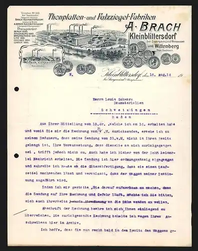 Rechnung Kleinblittersdorf 1914, A. Brach, Thonplatten- und Falzziegel-Fabriken, Hauptwerk und Filiale in Wittenberg