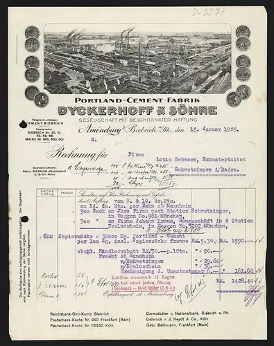 Rechnung Amöneburg b. Biebrich 1925, Dyckerhoff & Söhne, Portland-Cement-Fabrik, Werksansicht und Auszeichnungen