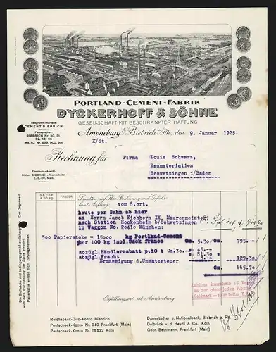 Rechnung Amöneburg b. Biebrich 1925, Dyckerhoff & Söhne, Portland-Cement-Fabrik, Fabrikansicht und Auszeichnungen