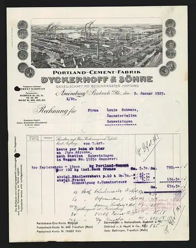 Rechnung Amöneburg b. Biebrich 1925, Dyckerhoff & Söhne, Portland-Cement-Fabrik, Betriebsansicht und Auszeichnungen