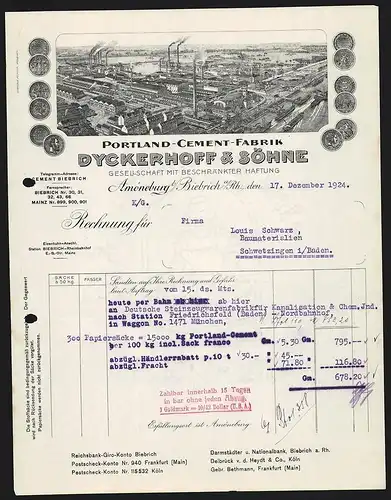 Rechnung Amöneburg b. Biebrich 1924, Dyckerhoff & Söhne, Portland-Cement-Fabrik, Werksansicht und Auszeichnungen