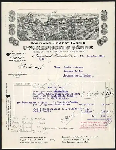 Rechnung Amöneburg b. Biebrich 1924, Dyckerhoff & Söhne, Portland-Cement-Fabrik, Fabrikansicht und Auszeichnungen