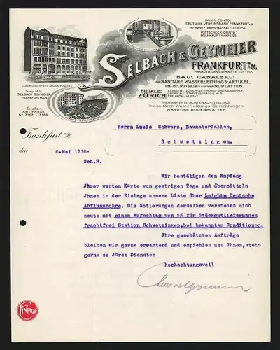 Rechnung Frankfurt a.M. 1916, Selbach & Geymeier, Bau-, Canalbau- & Wasserleitungs-Artikel, Geschäftshaus & Musterschau