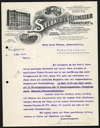 Rechnung Frankfurt a.M. 1916, Selbach & Geymeier, Bau-, Canalbau- & Wasserleitungs-Artikel, Geschäft & Musterausstellung