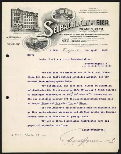 Rechnung Frankfurt a.M. 1913, Selbach & Geymeier, Bau-, Canalbau- & Wasserleitungs-Artikel, Geschäftshaus & Musterschau