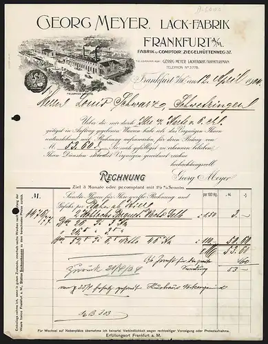 Rechnung Frankfurt a. M. 1904, Georg Meyer, Lack-Fabrik, Betriebsgelände mit Zufahrtsstrasse und Transportfahrzeugen