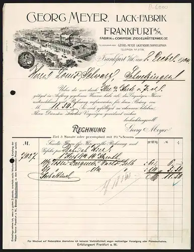 Rechnung Frankfurt a. M. 1904, Georg Meyer, Lack-Fabrik, Betriebsgelände mit Zufahrtsstrasse und Transportkutschen