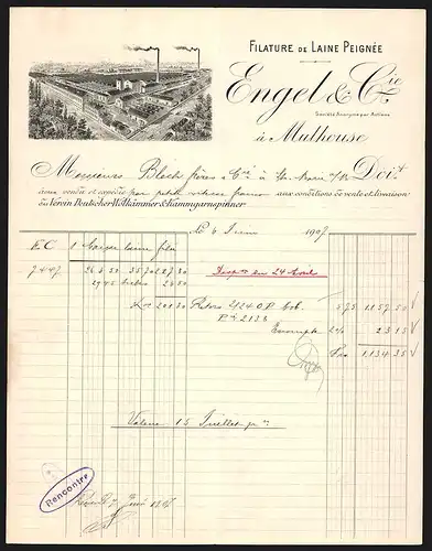 Rechnung Mulhouse 1907, Engel & Cie., Filature de Laine Peignée, Gesamtansicht der Fabrikanlage
