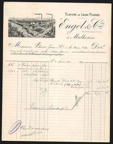 Rechnung Mulhouse 1907, Engel & Cie., Filature de Laine Peignée, Gesamtansicht des Werksgeländes