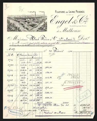 Rechnung Mulhouse 1920, Engel & Cie., Filature de Laine Peignée, Gesamtansicht der Fabrikanlage