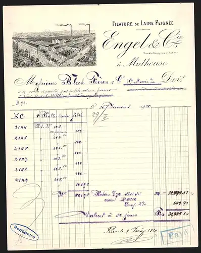 Rechnung Mulhouse 1920, Engel & Cie., Filature de Laine Peignée, Gesamtansicht des Werksgeländes
