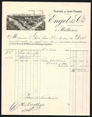 Rechnung Mulhouse 1911, Engel & Cie., Filature de Laine Peignée, Gesamtansicht der Fabrikanlage