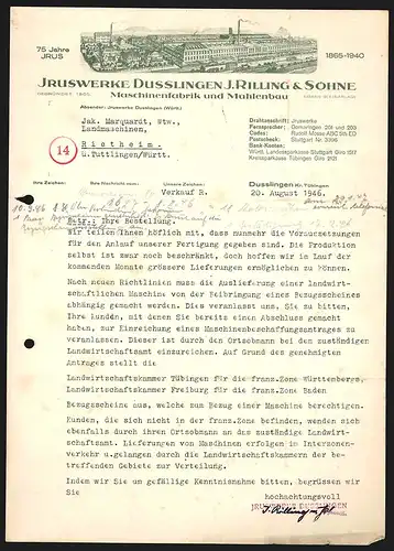 Rechnung Dusslingen 1946, J. Rilling & Söhne, Iruswerke, Maschinenfabrik und Mühlenbau, Gesamtansicht des Betriebes