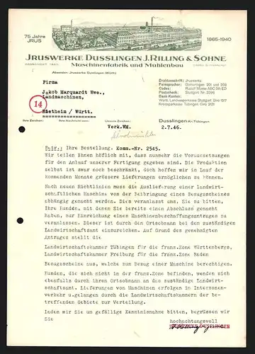 Rechnung Dusslingen 1946, J. Rilling & Söhne, Iruswerke, Maschinenfabrik und Mühlenbau, Totalansicht des Betriebes