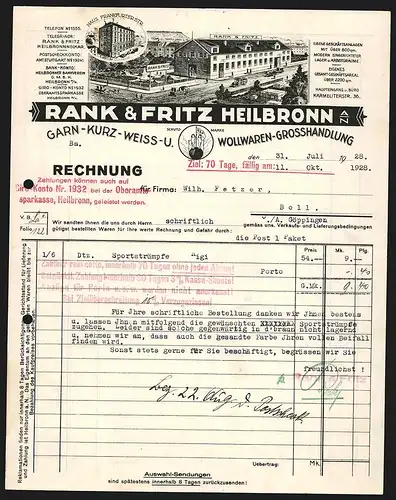 Rechnung Heilbronn a. N. 1928, Rank & Fritz, Textilwaren-Grosshandlung, Transportfahrzeuge am Betriebsgelände