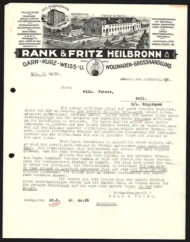 Rechnung Heilbronn a. N., Rank & Fritz, Textilwaren-Grosshandlung, Transportfahrzeuge am Betriebsgelände