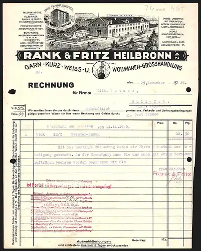 Rechnung Heilbronn a. N. 1925, Rank & Fritz, Textilwaren-Grosshandlung, Transportfahrzeuge am Betriebsgelände