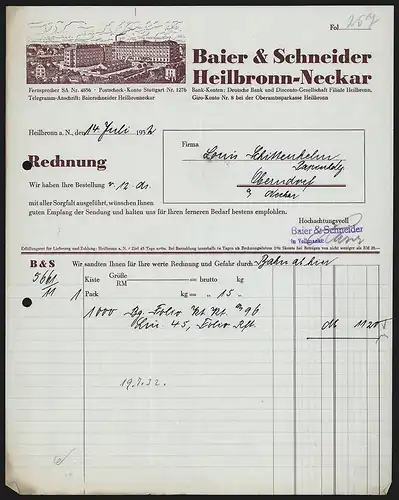 Rechnung Heilbronn 1932, Firma Baier & Schneider, Ansicht des Betriebsgeländes innerhalb der Stadt