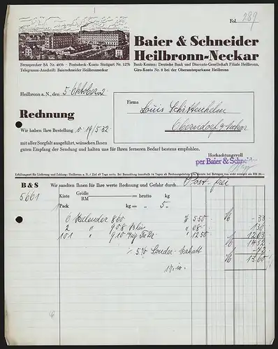 Rechnung Heilbronn 1932, Firma Baier & Schneider, Ansicht des Fabrikgeländes innerhalb der Stadt