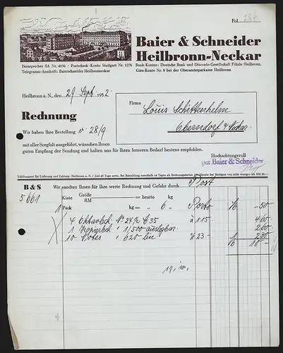Rechnung Heilbronn 1932, Firma Baier & Schneider, Ansicht des Werksgeländes innerhalb der Stadt