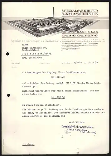 Rechnung Dingolfing 1939, Hans Glas, Spezialfabrik für Sämaschinen, Modell der Fabrikanlage mit Verladebahnhof