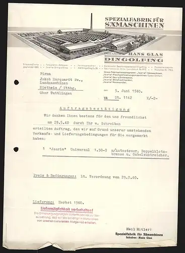 Rechnung Dingolfing 1940, Hans Glas, Spezialfabrik für Sämaschinen, Modell der Fabrikanlage mit Verladebahnhof