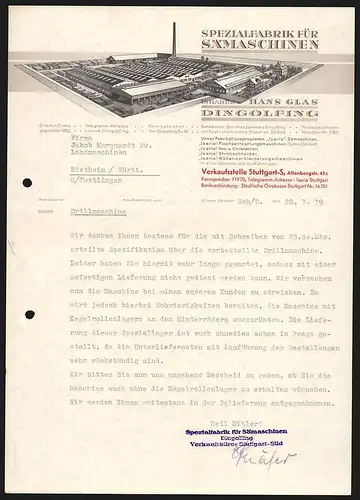 Rechnung Dingolfing 1939, Hans Glas, Spezialfabrik für Sämaschinen, Modell des Werksgeländes mit Verladebahnhof