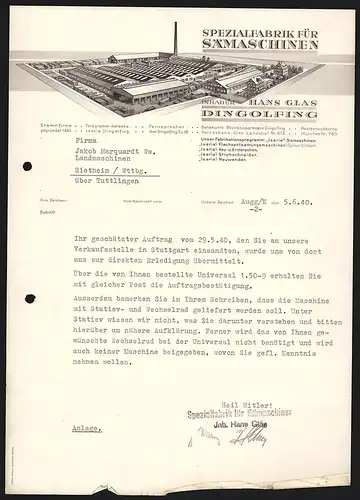 Rechnung Dingolfing 1940, Hans Glas, Spezialfabrik für Sämaschinen, Modell des Fabrikgeländes mit Verladebahnhof