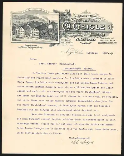 Rechnung Nagold 1923, Ch. Geigle, Waldsamen-Handlung, Betriebsgelände mit kleiner Baumschule