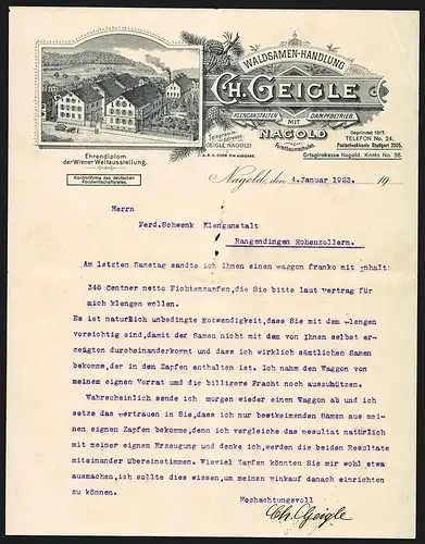Rechnung Nagold 1923, Ch. Geigle, Waldsamen-Handlung, Betriebsgelände mit kleiner Baumschule und Einfahrt