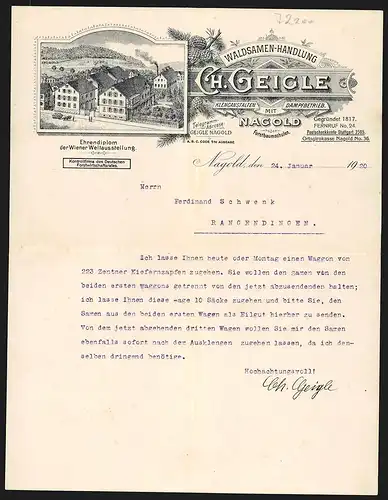 Rechnung Nagold 1920, Ch. Geigle, Waldsamen-Handlung, Betriebsgelände mit kleiner Baumschule