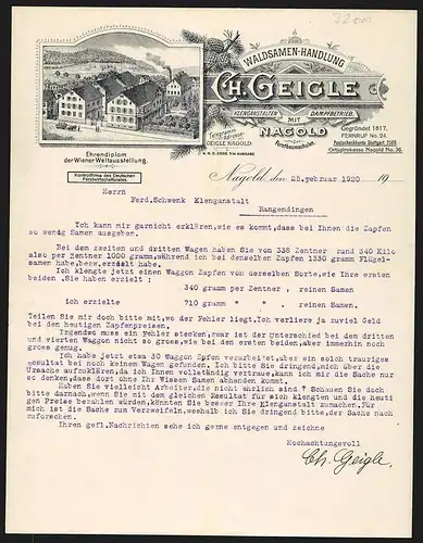 Rechnung Nagold 1920, Ch. Geigle, Waldsamen-Handlung, Betriebsgelände mit kleiner Baumschule und Einfahrt
