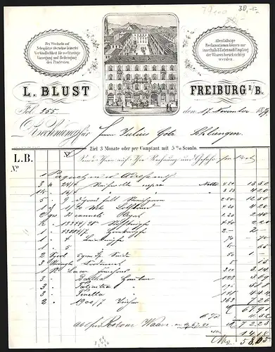 Rechnung Freiburg i. B. 1879, Firma L. Blust, Geschäftshaus und Blick in den Hinterhof