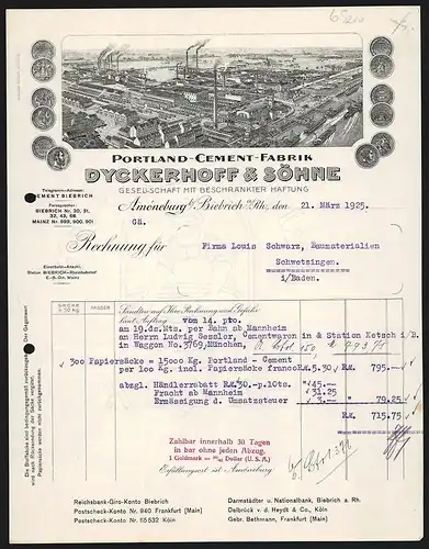 Rechnung Amöneburg b. Biebrich 1925, Dyckerhoff & Söhne, Portland-Cement-Fabrik, Totalansicht der Fabrik und Medaillen