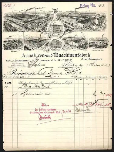 Rechnung Nürnberg 1897, Armaturen- und Maschinenfabrik AG, Ansichten von Werken in Nürnberg, Wien, Zürich etc.