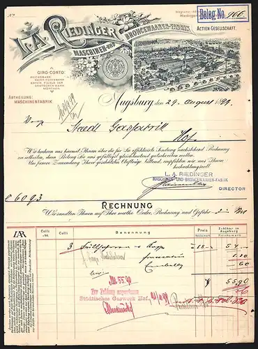 Rechnung Augsburg 1899, L. A. Riedinger, Maschinen- & Broncewaaren-Fabrik, Das Betriebsgelände aus der Vogelschau