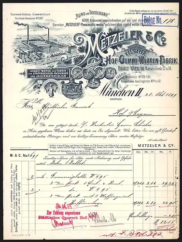 Rechnung München 1899, Metzeler & Co., Kgl. Bayer. Hof-Gummi-Waaren-Fabrik, Betriebsansicht, Wappen und Medaillen