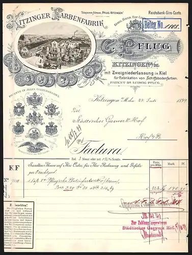 Rechnung Kitzingen a. M. 1899, C. Pflug, Kitzinger Farbenfabrik, Betriebsansicht mit Transportkutschen, Auszeichnungen
