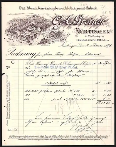Rechnung Nürtingen 1899, C. A. Greiner, Pat. Mech. Korkstopfen- & Holzspund-Fabrik, Betriebsgelände mit Parkanlage