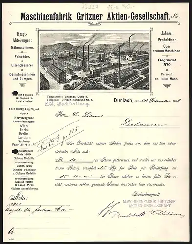Rechnung Durlach 1908, Maschinenfabrik Gritzner AG, Das Fabrikgelände mit rauchenden Schloten