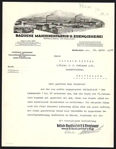 Rechnung Durlach 1933, Badische Maschinenfabrik u. Eisengiesserei, Gesamtansicht des Fabrikareals