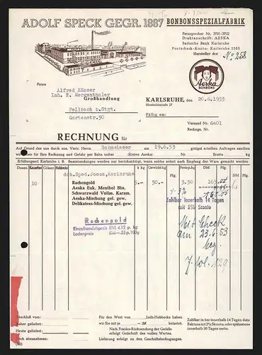 Rechnung Karlsruhe 1953, Adolf Speck, Bonbonsspezialfabrik, Fabrikgelände mit gelagerter Ware, Aeska-Bonbons Marke