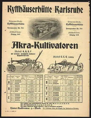 Rechnung Karlsruhe, Kyffhäuserhütte Karlsruhe, Fabrikansicht und Darstellung der Akra-Kultivatoren-Modelle