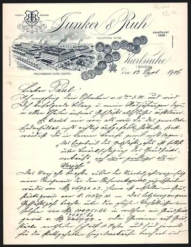 Briefkopf Karlsruhe (Baden) 1906, Firma Junker & Ruh, Fabrikgelände und Transportzüge, Auszeichnungen