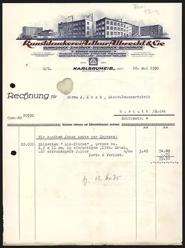 Rechnung Karlsruhe i. B. 1930, Kunstdruckerei Arthur Albrecht & Cie., Panoramaansicht des Betriebsgeländes