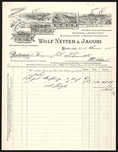 Rechnung Bühl 1895, Wolf Netter & Jacobi, Metallwaaren-Fabrik, Ansichten von fünf Fabrikanlagen